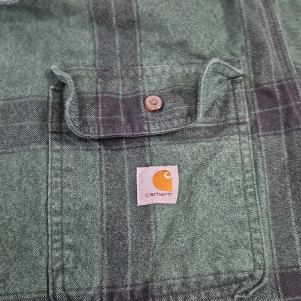 Carhartt Men's Large Loose Fit Flannel Shirt Green Plaid Workwear Heavy Cotton - Picture 4 of 8